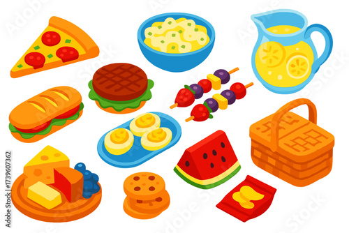 Vibrant Picnic Delights. Isometric vector illustration set Picnic food: cold pizza slice, grilled burger patty with lettuce,