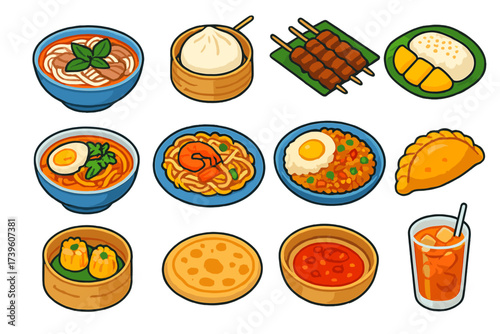 Southeast Asian Street Eats. Isometric vector illustration set Southeast Asian street eats: pho noodle soup, banh bao dumpling,