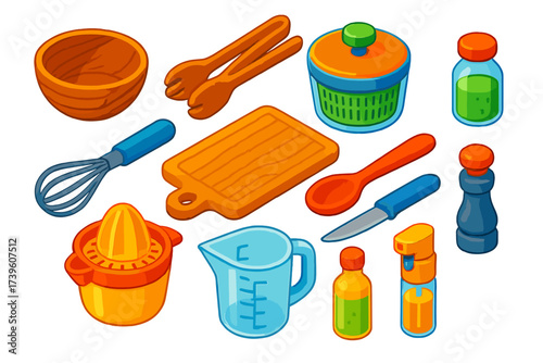 Vibrant Salad Tools Collection. Isometric vector illustration set Salad kitchen tools: wooden salad bowl, tongs utensil, salad