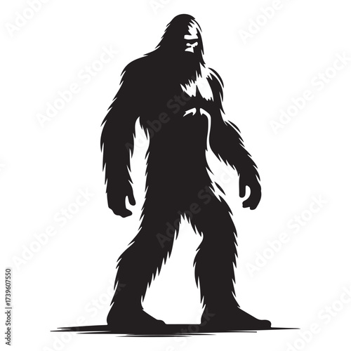 Black and white silhouette of a walking Yeti bigfoot