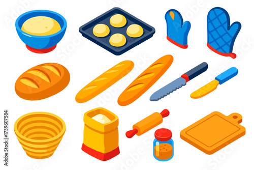 Colorful Bread Making Icons. Isometric vector illustration set Bread making: dough rising bowl, baking tray, oven mitt, sourdough