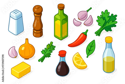 Cooking Essentials Icons. Isometric vector illustration set Cooking essentials: salt container, pepper grinder, olive oil bottle,