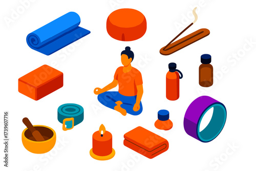 Isometric Yoga Icons. Isometric vector illustration set Yoga practice: yoga mat rolled, meditation cushion, lotus pose figure,