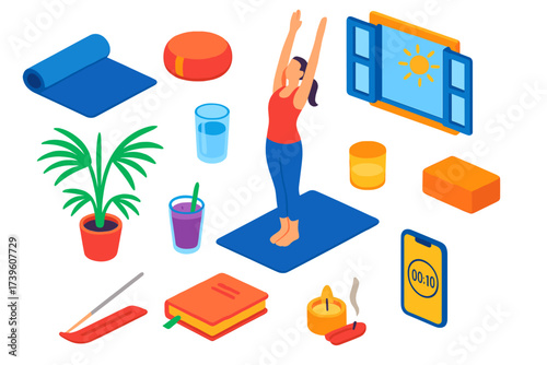 Morning Yoga Essentials. Isometric vector illustration set Morning yoga: yoga mat unrolled, meditation cushion, sun salutation