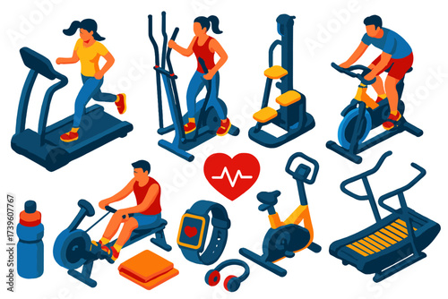 Bright Cardio Equipment Icons. Isometric vector illustration set Cardio training: treadmill run, elliptical machine, rowing