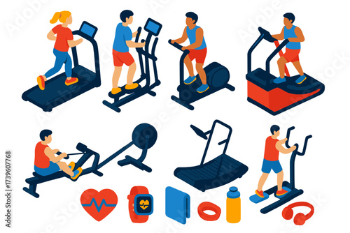 Bright Cardio Equipment Icons. Isometric vector illustration set Cardio training: treadmill run, elliptical machine, rowing