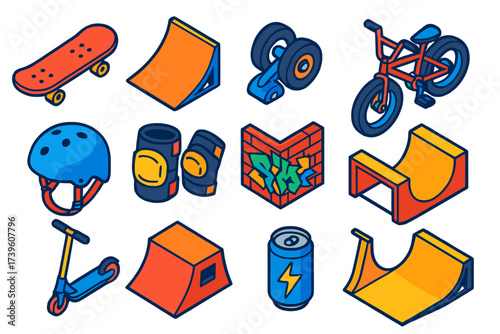 Extreme Sports Icons. Isometric vector illustration set Extreme sports: skateboard deck, skate ramp, rollerblade wheels, BMX bike,