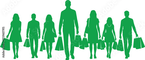 Silhouettes of people walking with shopping bags, green consumer activity illustration, retail behavior, economic concept, urban lifestyle, vector design, social habits