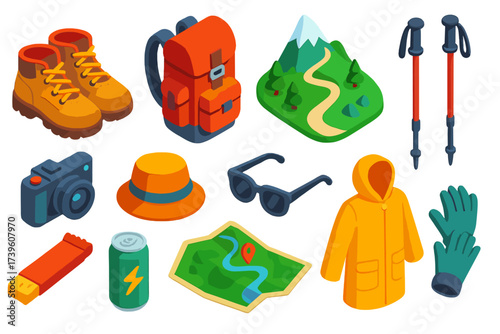 Scenic Hiking Essentials. Isometric vector illustration set Scenic hiking trip: hiking boots, trail backpack, mountain trail,