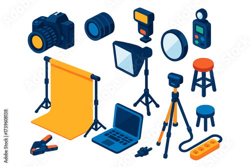 Isometric Camera Studio Setup. Isometric vector illustration set Camera studio setup: DSLR camera, lens, flash, tripod, backdrop