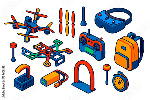 Drone Racing Gear Icons. Isometric vector illustration set Drone racing: FPV drone, propellers, racing remote controller, FPV