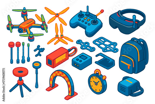 Drone Racing Gear Icons. Isometric vector illustration set Drone racing: FPV drone, propellers, racing remote controller, FPV