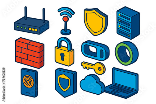 Internet Security Icons. Isometric vector illustration set Internet security: router, wifi antenna, shield icon, firewall wall,