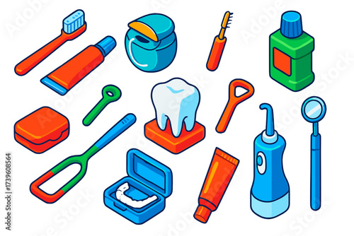Dental Hygiene Essentials. Isometric vector illustration set Dental hygiene: toothbrush, toothpaste tube, dental floss, mouthwash