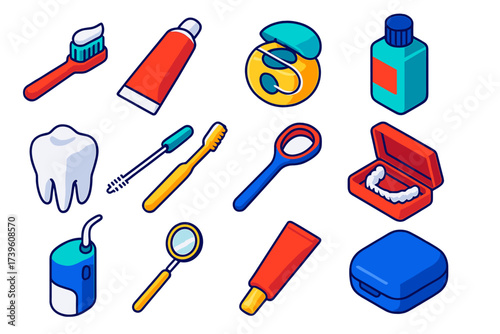 Dental Hygiene Essentials. Isometric vector illustration set Dental hygiene: toothbrush, toothpaste tube, dental floss, mouthwash