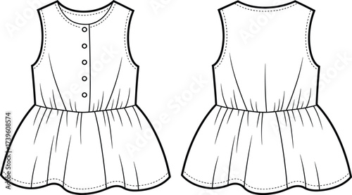 Sleeveless button dress flat sketch, front and back view, round neckline, gathered waist, fashion CAD, vector illustration, garment design, technical drawing