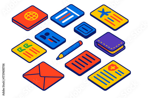 Travel Essentials Icons. Isometric vector illustration set Travel documents: passport, boarding pass, airplane ticket, visa stamp,