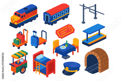 Train Journey Icons. Isometric vector illustration set Train journey: locomotive, passenger car, luggage trolley, ticket, station