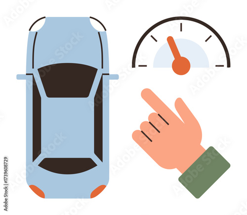 Top view of a blue car, a speedometer showing acceleration, and a pointing hand symbolizing user input. Ideal for transportation, efficiency, control, safety, tech, guidance simple flat metaphor