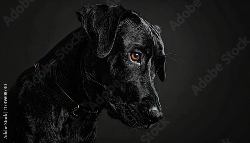 Studio Shot of Black Labrador Dog with Water Droplets and Golden Chain Against a Dark Background in Dramatic Lighting
