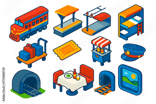 Train Journey Icons. Isometric vector illustration set Train journey: locomotive, passenger car, luggage trolley, ticket, station