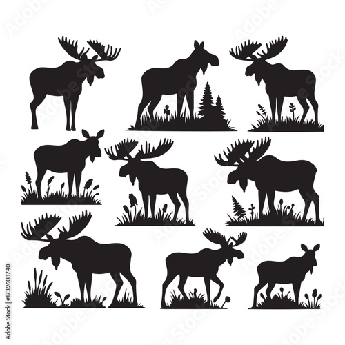Set of animal and Moose silhouettes vector illustration collection.