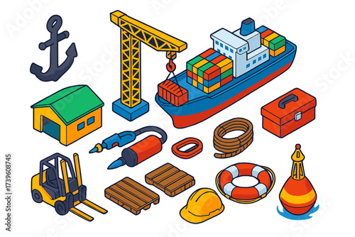 Shipyard Equipment Icons. Isometric vector illustration set Shipyard equipment: anchor, dock crane, container ship, warehouse,