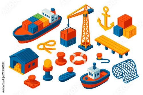 Vibrant Harbor Icons. Isometric vector illustration set Harbor elements: cargo ship, anchor, crane, container boxes, dock platform