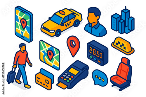 Ride Hailing Icons. Isometric vector illustration set Ride hailing service: smartphone app, taxi car, driver profile, taxi meter,