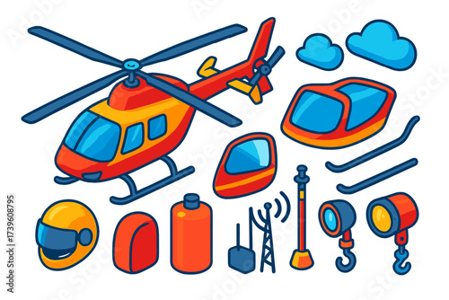 Helicopter Flight Icons. Isometric vector illustration set Helicopter flight: helicopter, rotor blades, cockpit, landing skids,