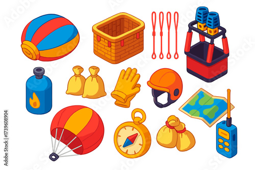 Travel Balloon Essentials. Isometric vector illustration set Travel balloon kit: folded balloon, basket, ropes, burner, gas