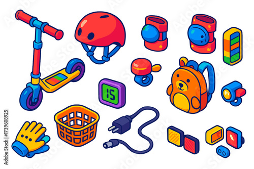 Vibrant Kids' Scooter Icons. Isometric vector illustration set Kids e-scooters: small scooter, helmet, knee pads, bell, colorful