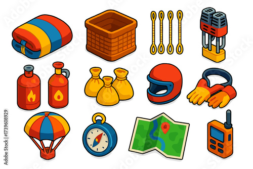 Travel Balloon Essentials. Isometric vector illustration set Travel balloon kit: folded balloon, basket, ropes, burner, gas