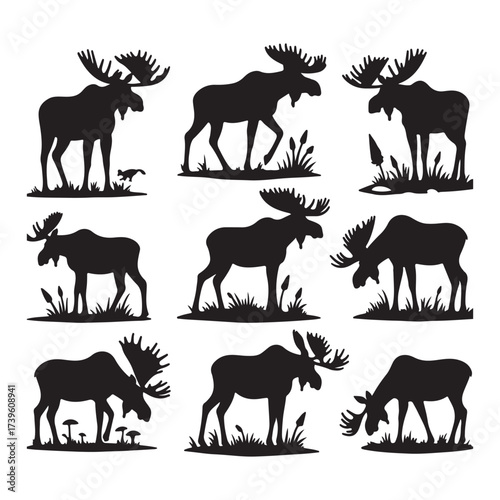 Set of animal and Moose silhouettes vector illustration collection.