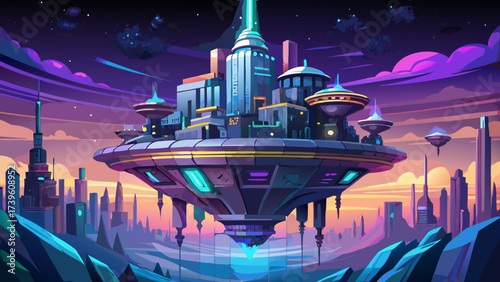Close-up of futuristic floating city building, glowing neon surfaces, surreal architecture, magical aura, dreamlike details, fantasy skyline, imaginative illustration, epic design, mysterious futurist
