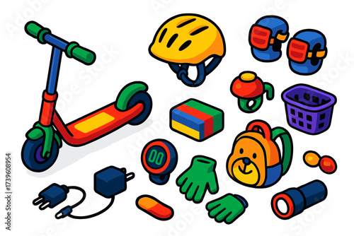 Vibrant Kids' Scooter Icons. Isometric vector illustration set Kids e-scooters: small scooter, helmet, knee pads, bell, colorful