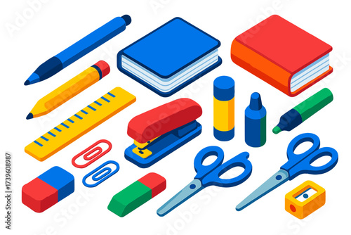 Colorful Stationery Icons. Isometric vector illustration set Stationery items: pen, pencil, notebook, textbook, ruler, stapler,