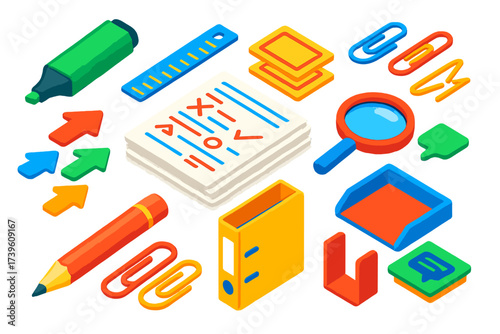 Editing Tools Icons. Isometric vector illustration set Proofreading and editing marks: fluorescent edit pen, paragraph ruler,