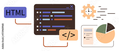Code interface connected to HTML, coding brackets, clock gear, pie chart, and document. Ideal for programming, web development, coding, data analysis digital tools productivity simple flat
