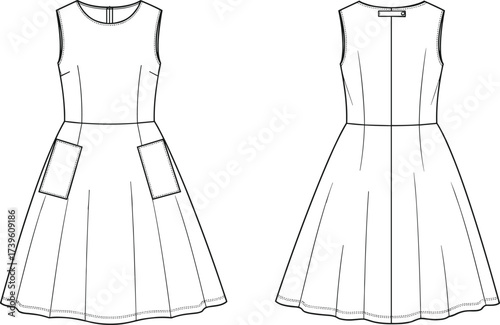 Sleeveless dress vector sketch, front and back view, scoop neckline, patch pockets, flared skirt, princess seams, technical fashion drawing, black and white
