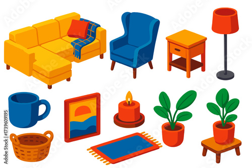 Cozy Interior Elements. Isometric vector illustration set Interior Cozy Decor: sectional sofa, accent cushion, plaid blanket,
