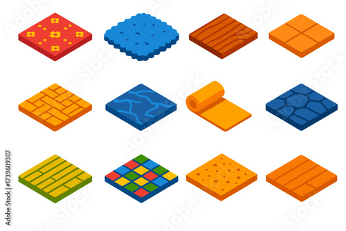 Isometric Flooring Variety. Isometric vector illustration set Flooring Styles: patterned carpet, fluffy rug, hardwood planks,