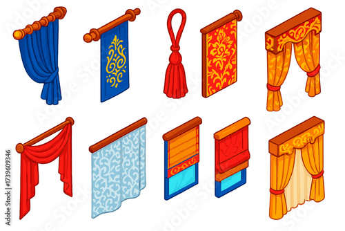 Classic Drapery Icons. Isometric vector illustration set Classic Drapery: velvet curtain, carved wooden rod, tassel tieback,