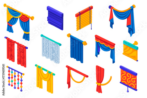 Decorative Window Dressings. Isometric vector illustration set Decorative Window Dressing: layered curtain, ornate rod, roman