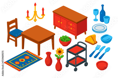 Vibrant Dining Room Set. Isometric vector illustration set Dining Room Furniture: wooden table, dining chair, sideboard cabinet,
