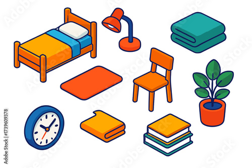 Vivid Guest Room Essentials. Isometric vector illustration set Guest Room: small bed, basic pillow, plain sheet, standard mattress