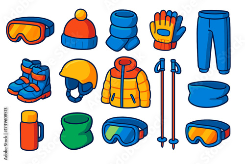 Ski Trip Gear Icons. Isometric vector illustration set Ski Trip Gear: ski goggles, thermal hat, down scarf, padded gloves,