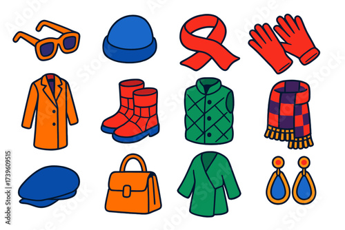 Stylish Winter Accessories. Isometric vector illustration set Stylish Cold Wear: designer sunglasses, cashmere hat, silk scarf,