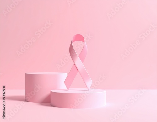 Delicate pink ribbon stands upright on a smooth round pedestal, set against a calming light pink background, representing universal support.