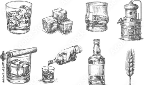 Set illustrations of whiskey isolated on transparent background. Vector graphics